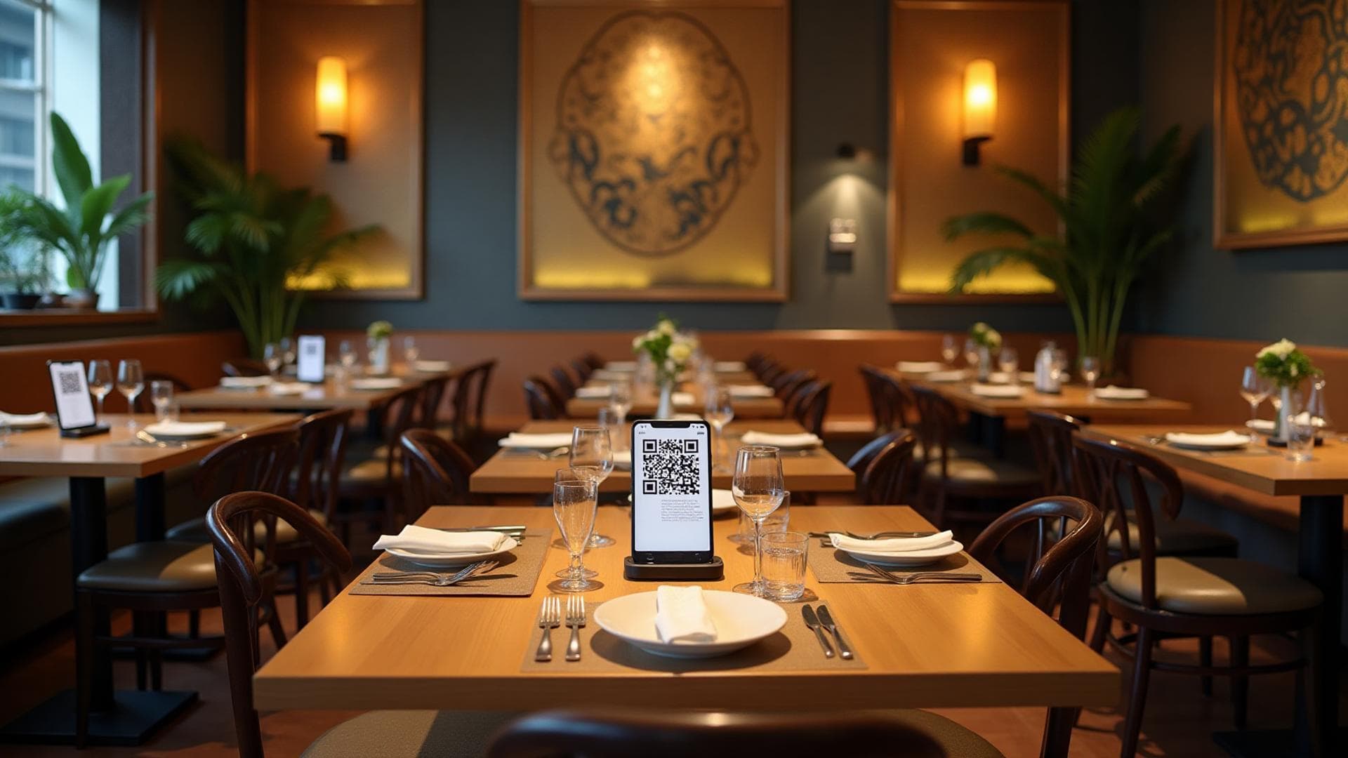 บรรยากาศร้านอาหารพร้อมคิวอาร์บนโต๊ะ